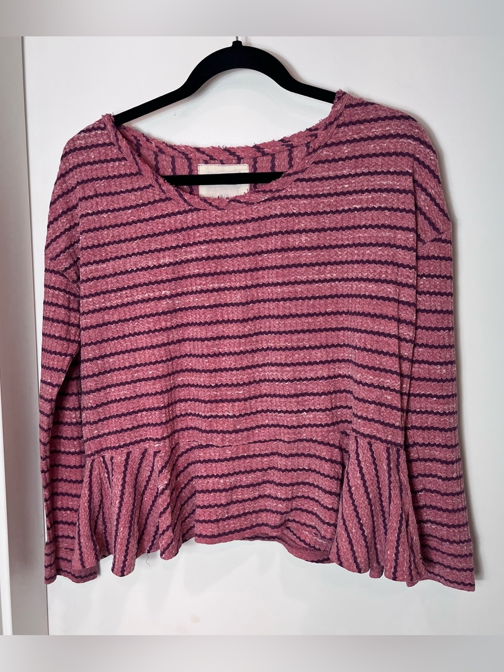We The Free People Pink Striped Peplum Long Sleeve Blouse Small Cotton Blend